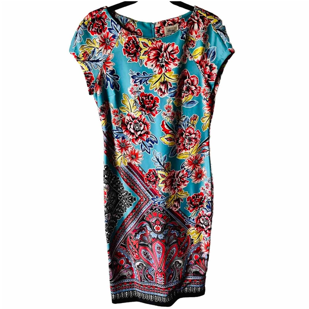 Beige by eci Blue Multi-color Floral Stretch Knit Light Scuba Work Dress Size 6